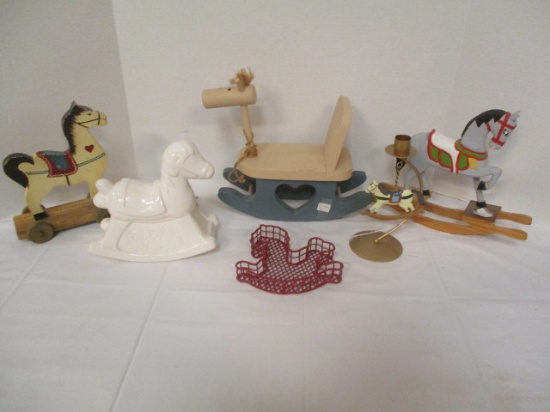 Ceramic and Wood Toy Rocking Horses, Wood Horse Pull Toy, Candlestick and Basket