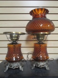 Pair of Gone With the Wind Style Lamps with Amber Hobnail Glass