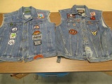 Two Blue Jean Biker Vests with Patches and Pins