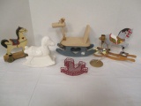 Ceramic and Wood Toy Rocking Horses, Wood Horse Pull Toy, Candlestick and Basket