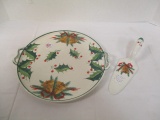 Christmas Holly Cake Plate with Server Hand Painted in Italy