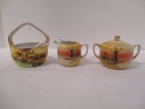 Hand Painted Noritake Creamer, Sugar Bowl and Condiment Dish with Spoon