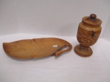 Haiti Carved Pedestal Covered Dish and Wood Leaf Tray