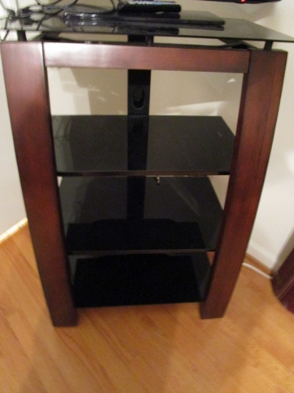 Wood and Black Glass 4 Shelf Stand with Cable Channel