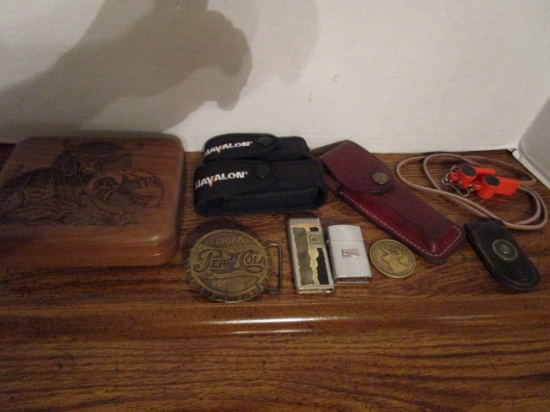 Wood Box with Duck Scenes, Leather Case Knife Sheath, Cabela's Money Clip,