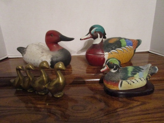 Two Ceramic Duck Decoys, Ceramic Duck Trinket Dish and Brass Geese in A Row