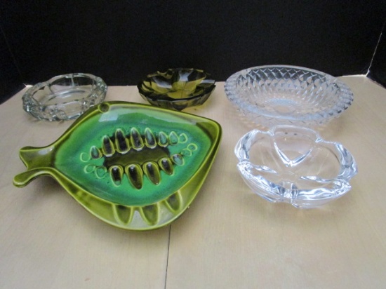 Four Glass Ashtrays and Fish Shape Porcelain Ashtray