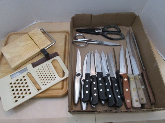 Wood Cutting Board, Wood Cheese Board/Slicer, Kitchen Scissors, Grater and