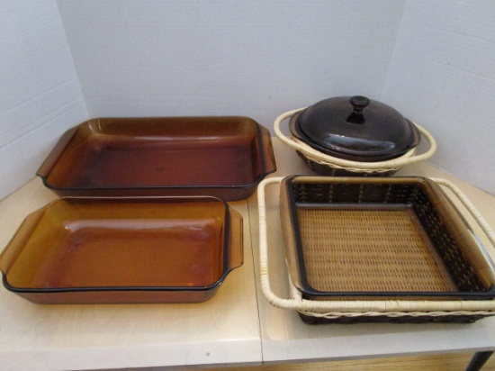 4 Piece Brown Glass Pyrex Bakeware-Two Have Serving Baskets