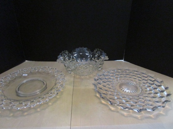Cubist Pattern Clear Glass Ruffle Edge Bowl, Cubist Pattern Plate and