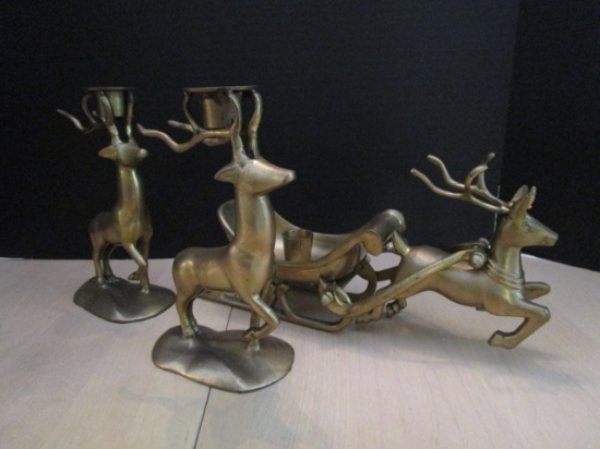 Pair of Brass Reindeer Candle Holders and Brass Reindeer Pulling Sleigh