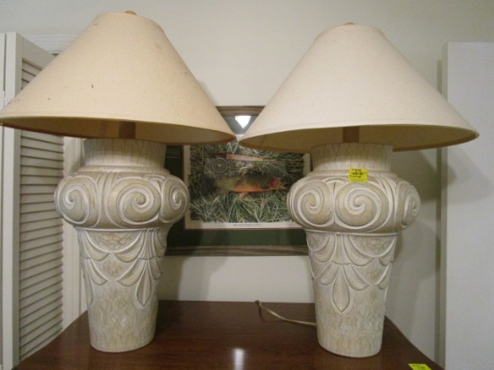 Pair of Pottery Lamps with Scroll Designs