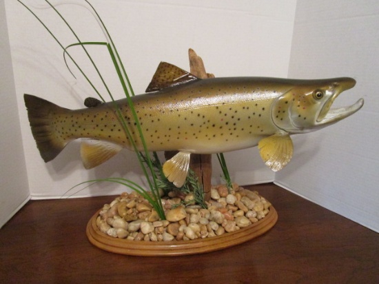 Full Body Brown Trout Replica Fish Pedestal Mount with Wood Base