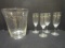 Clear Art Glass Ice Bucket and Four Hand Painted Champagne Flutes