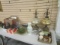 Table Lot-Colored Glass Bottles, Frames, Lamps, Pottery Pieces, etc.