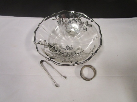 Sterling Silver Napkin Ring, Sugar Tongs and Silver Overlay Bowl