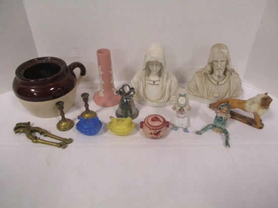 Bisque Ware Religious Statues, Westmoreland Glass Hens on Nest, Bean Pot, etc.