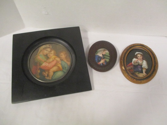 Two Small Framed Hand Painted Porcelain Plaques and Framed Mother and Child