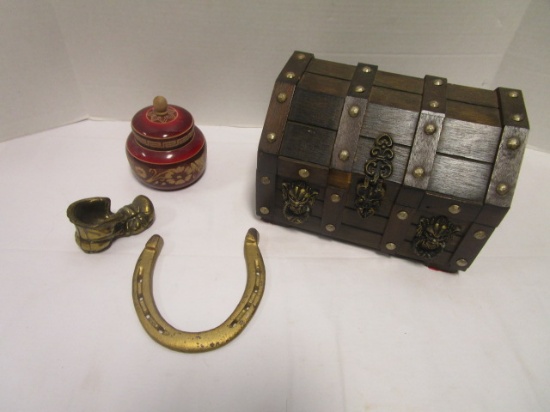Vintage Treasure Chest Trinket Box, Brass Shoe, Horse Shoe and Wood