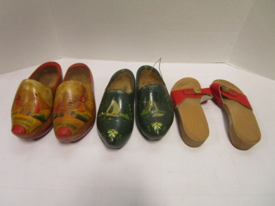 Two Pairs of Painted Wood Dutch Shoes and Pair of Dr. Scholl Wood Bottom