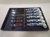 Set of Six Sheffield Prill Blue and White Handle Steak Knives