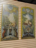 Pair of Large Painted Grecian Garden Scene Wall Panels