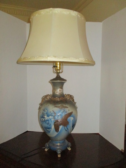 Oriental Urn Lamp with Crane Design and Dragon Accents