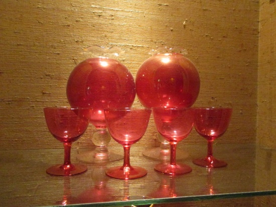 Two Red Glass Vassals with Ruffle Edges and Four Red Stem Glasses