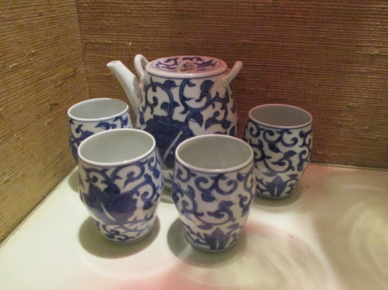 Blue and White Tea Pot and Four Cups
