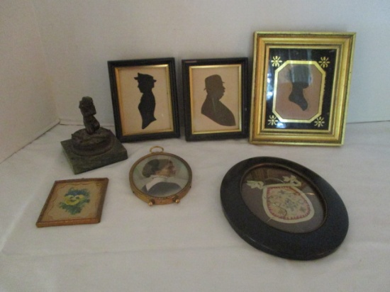 Small Vintage Framed Prints and Bronze Cherub on Marble Base Statue