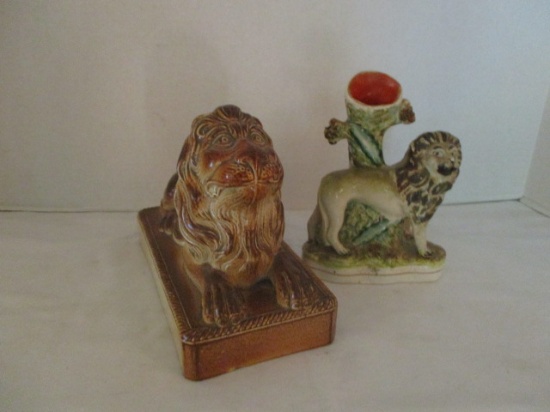 Ceramic Lion Statue and Lion Bud Vase