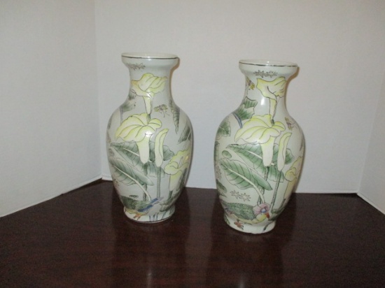 Pair of Ceramic Vases with Lily Designs