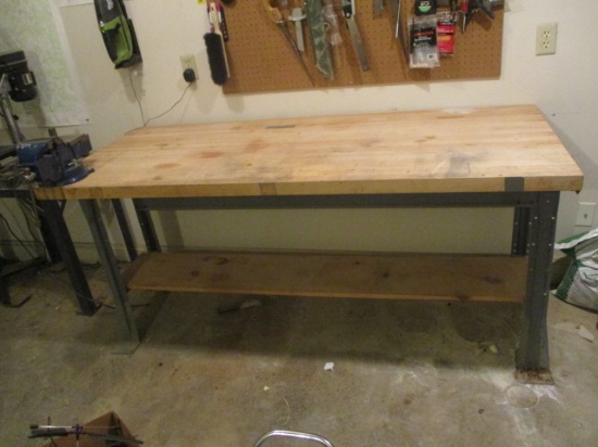 Butcher Block Top Work Table with Metal Frame and Great Neck HDV5 Vise
