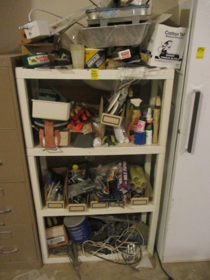 Plastic 4 Shelf Unit and Contents-Caulk Guns, Clamps, Paint Supplies, etc.