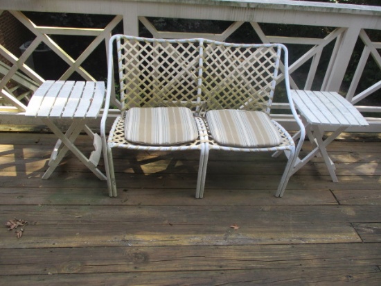 Metal Frame Bench Seat with Woven Plastic Seat/Back and Pair of Plastic