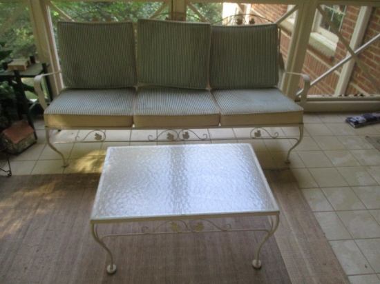 Metal Frame Loveseat with Removable Cushions and Pebble Glass Top Table