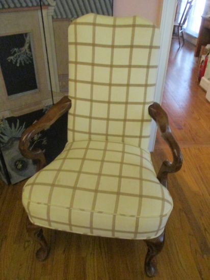 Upholstered High Back Chair with Wood Arms and Queen Anne Style Legs