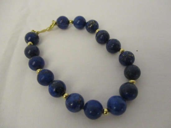Hand Knotted Blue Lapis and Bracelet with 14K Gold Beads and Clasp