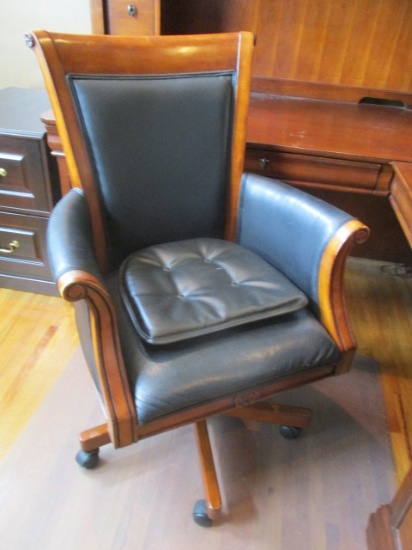 Carved Wood Frame Leather Rolling Office Chair and Plastic Floor Mat