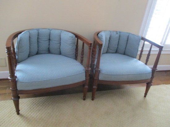 Pair of Wood Spindle Barrel Back Chairs with Removable Back Cushion