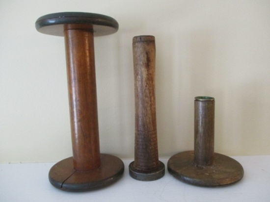 Three Antique Textile Mill Bobbin Candle Holders