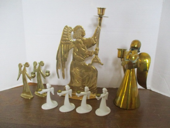 Four Porcelain/Brass Angel Candle Holders and Four Brass Angel Candle Holders