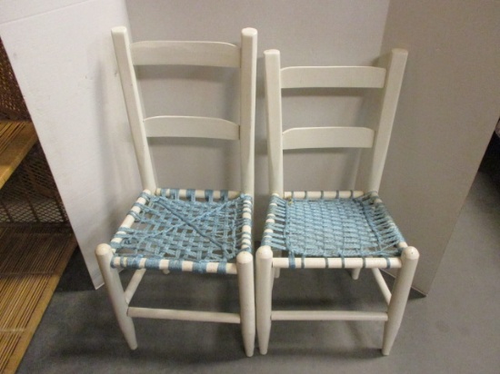 Two Painted White Wood Child's Ladder Back Chairs with Hand Woven Seats