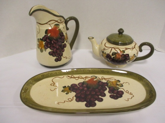 Ceramic Teapot, Pitcher and Serving Tray with Grape Cluster Design