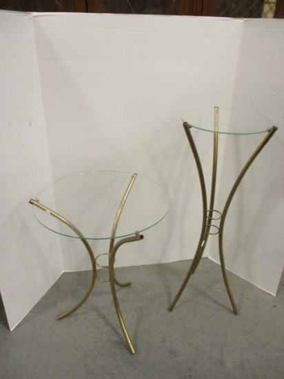 Two Mid-Century Gold Metal Accent Tables/Stands with Glass Tops