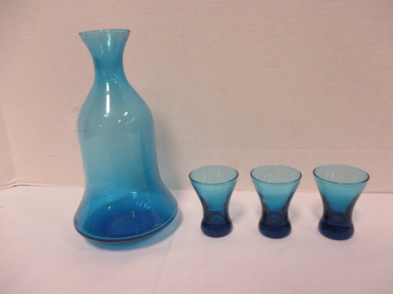 Bell Shaped Blue Glass Decanter and Three Cordials