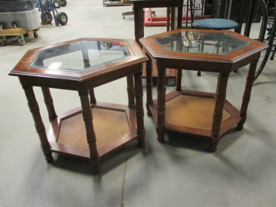 Pair of Wood Octagonal End Tables with Glass Insert Tops