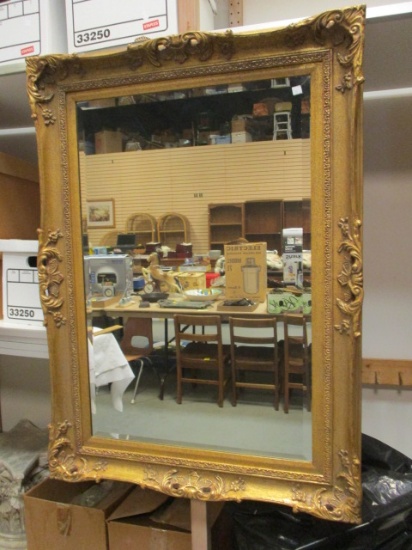 Ornate Antiqued Gold Finish Wood Framed Bevel Mirror