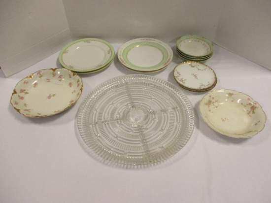 Haviland and Johnson Bros. Plates and Bowls and Clear Glass Divided Serving Tray