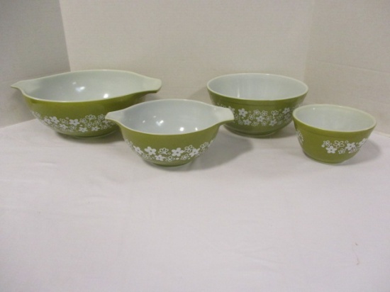 Four Vintage Pyrex Green with White Flowers Bowls